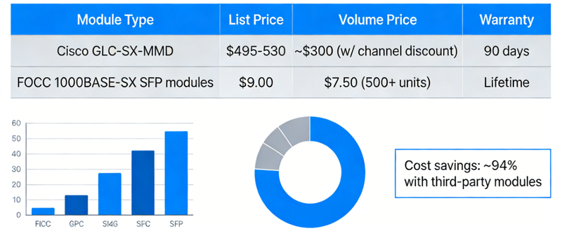 Financial ROI analysis and procurement planning for enterprise IT infrastructure, comparing OEM Cisco GLC-SX-MMD costs versus third-party FOCC 1000BASE-SX SFP modules Financial ROI analysis and procurement planning for enterprise IT infrastructure, comparing OEM Cisco GLC-SX-MMD costs versus third-party FOCC 1000BASE-SX SFP modules