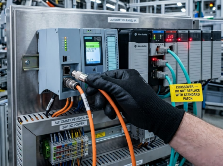 Industrial control panel featuring PLC controllers like Siemens S7-1500 and Allen-Bradley, which require deterministic Ethernet and specific crossover cables rather than relying on Auto-MDI/MDIX.